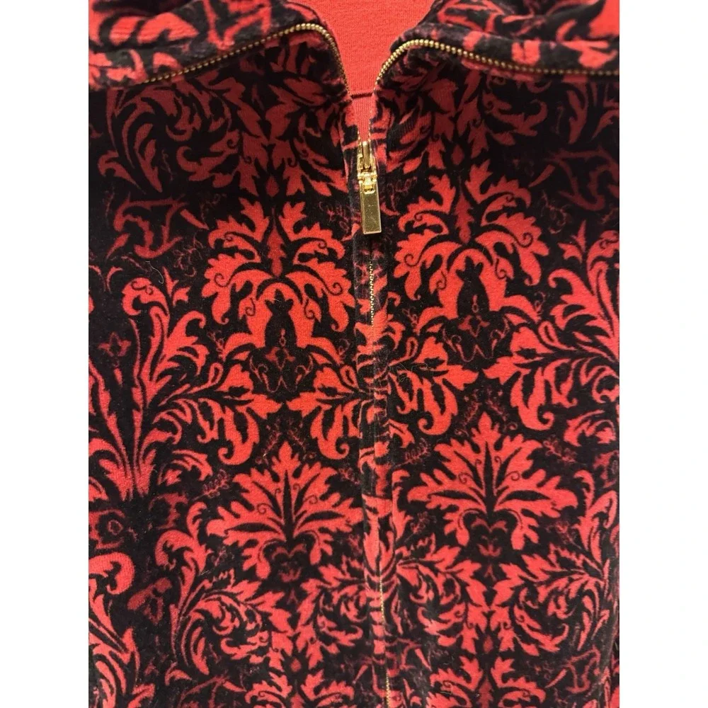 Charter Club Women's‎ SZ P/M Red Black Damask Velvet Zip Up Bomber Jacket Soft